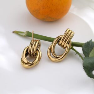 Boucles d’oreilles Olya en acier inoxydable doré, au design ovale entrelacé, présentées sur fond blanc avec une tige verte, un petit fruit orange et une mise en scène naturelle et raffinée.