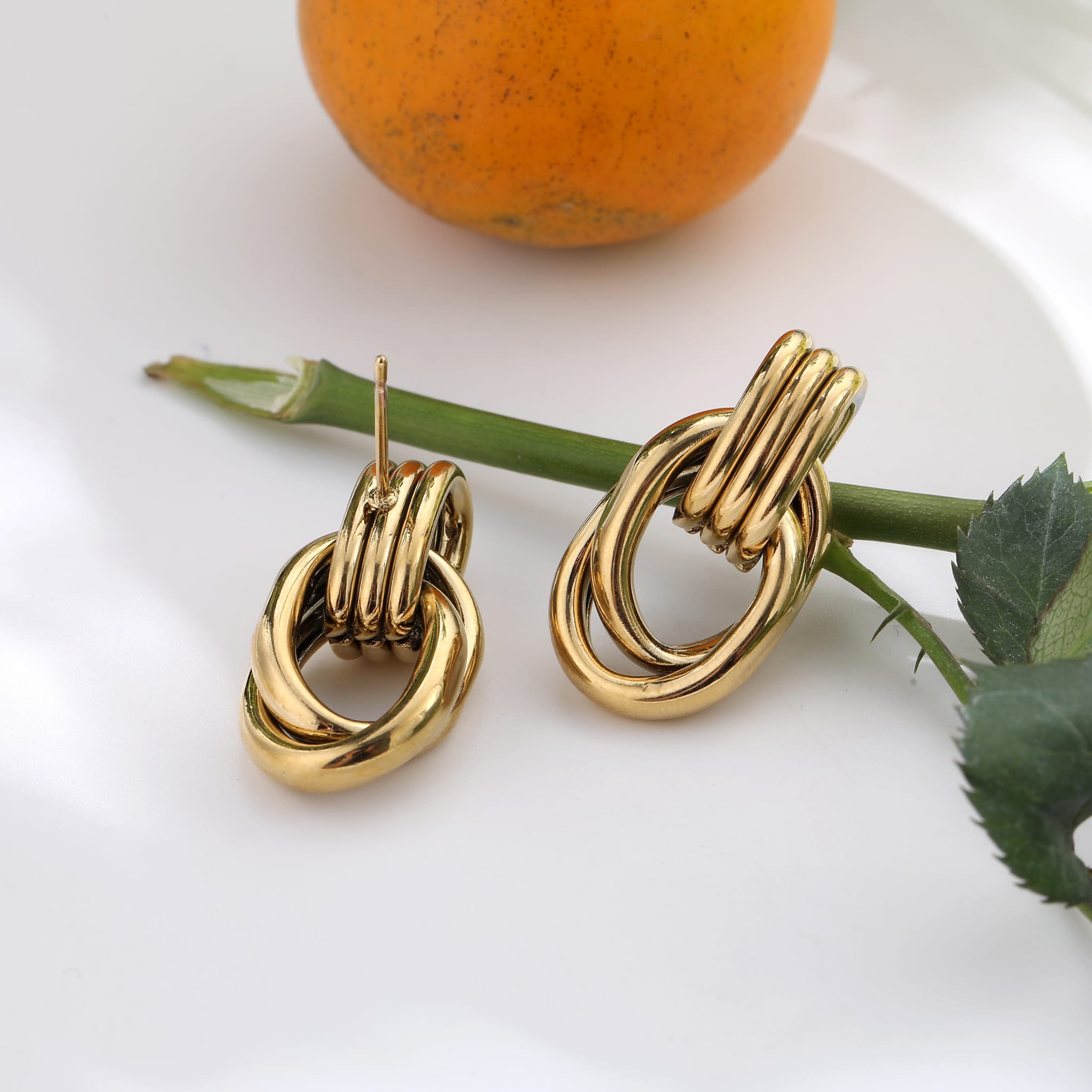 Boucles d’oreilles Olya en acier inoxydable doré, au design ovale entrelacé, présentées sur fond blanc avec une tige verte, un petit fruit orange et une mise en scène naturelle et raffinée.