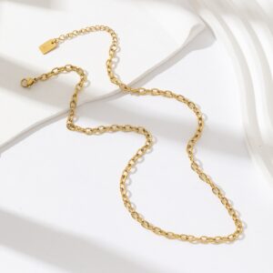 Collier fantaisie en acier inoxydable avec chaîne forçat plaquée or 18 carats, ajustable avec fermoir et pampille, présenté sur fond blanc – bijou minimaliste et moderne pour femme.